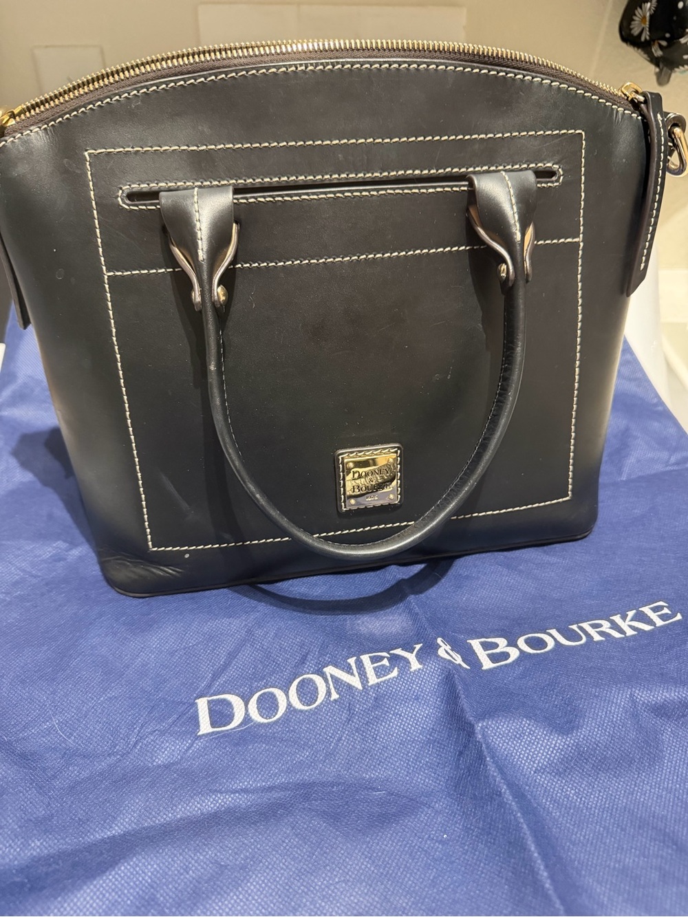 Dooney & Bourke Black Leather Satchel with Cream Contrast Stitching
